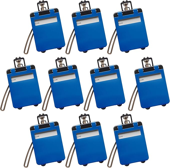 10 Mini Carry-on Luggage Tags Pack - Flip Open Cover, ID Sticker - Blue