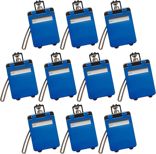10 Mini Carry-on Luggage Tags Pack - Flip Open Cover, ID Sticker - Blue
