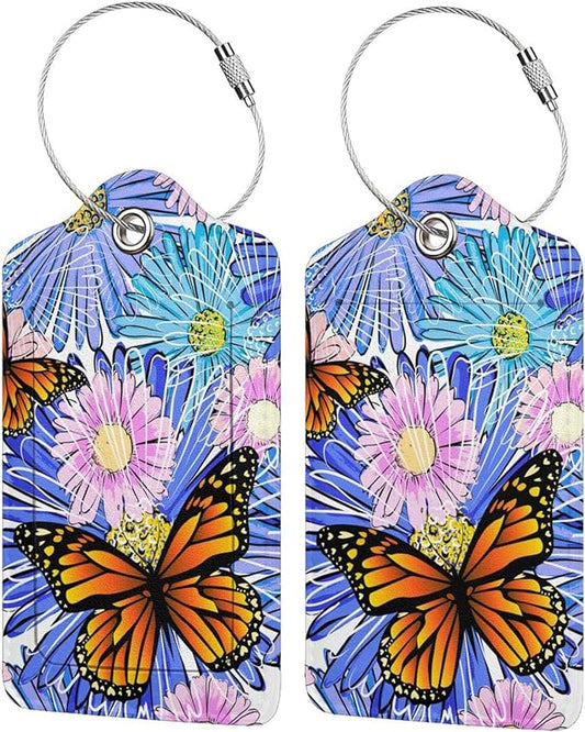 Set of 2 Artistic Flowers Luggage Tags with Butterfly Pattern, Pretty Suitcase Tag Privacy Name ID Card Pink Blue Floral Travel Bag Labels with Stainless Steel Loop for Women Girls Kids Adult
