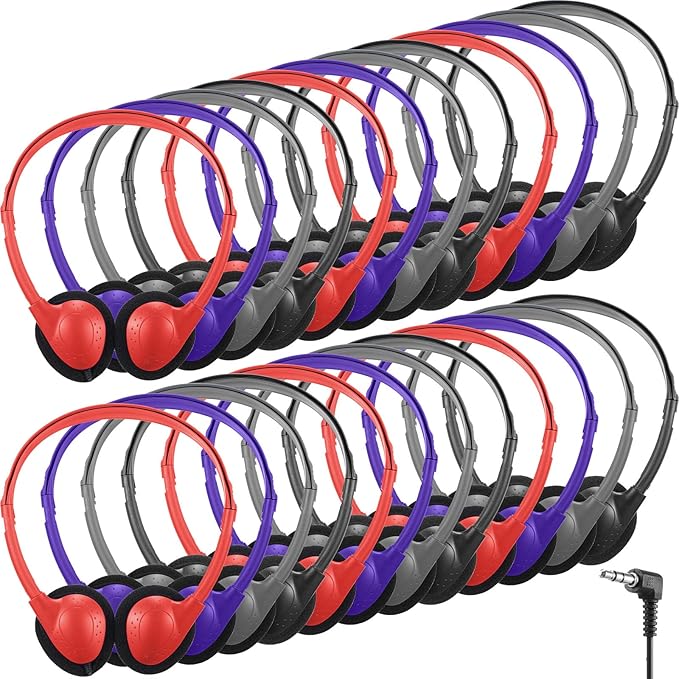 Konohan 32 Pack Headphones Bulk for School Student Classroom Set of Headphones Wire Headset Adjustable with 3.5 mm Jack for Adult (Red,Purple,Gray,Black)