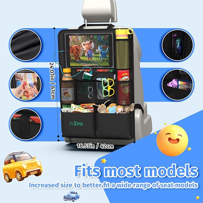 Car Backseat Organizer with Tablet Holder,11 Storage Pockets with Foldable Food Tray, Protector Kick Mats for Kids, Travel Accessories Organizer (Black, 2Pack)