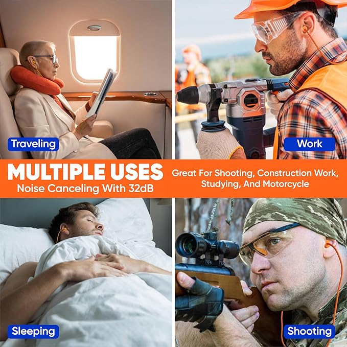 20 Pair Foam Ear Plugs with Cord - Soft & Comfortable Ear Protection - Disposable Ear Plugs Individually Wrapped with Noise Cancelling up to 32dB - Ideal for Sleeping Construction Shooting Sports