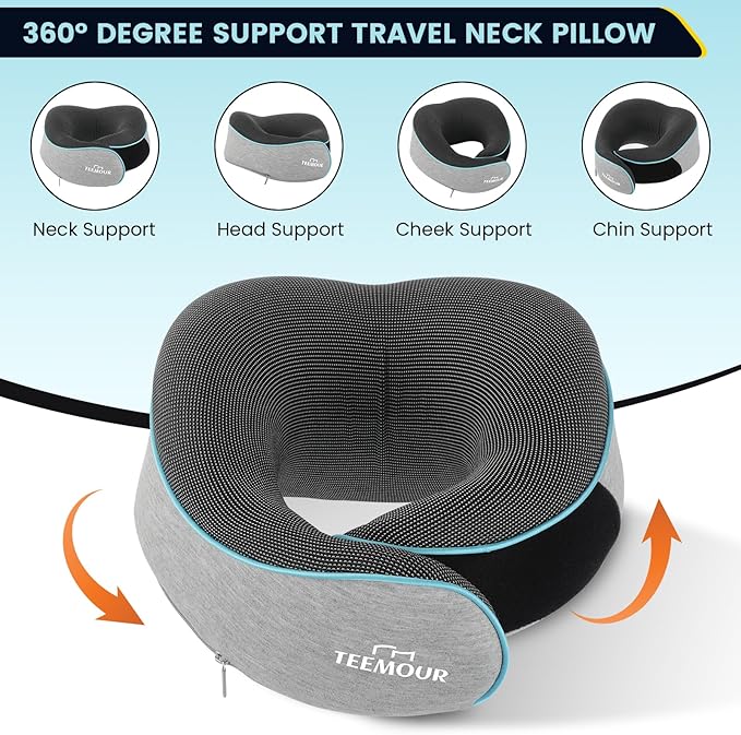 Upgraded Travel Pillow Memory Foam Neck Pillow Airplane- 360° Support Travel Pillows for Airplanes, With Eye Mask & Earplugs, Portable Carry Bag for Long Flights, Train| Best Travel Essentials