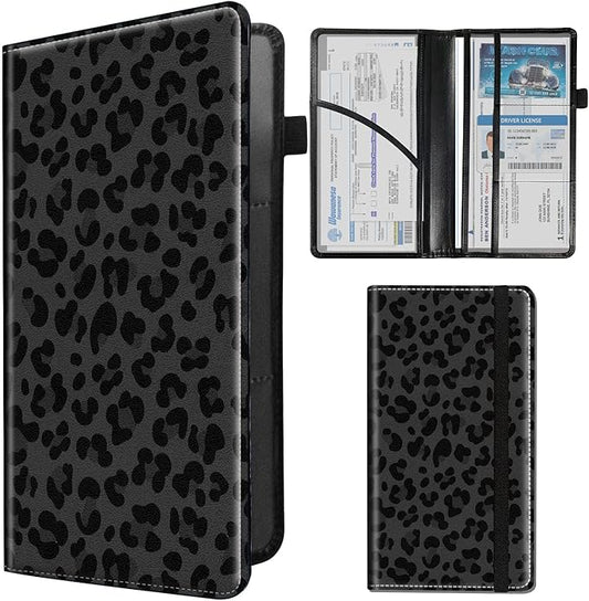 Car Registration and Insurance Holder,Leather Insurance License and Registration Card Holder for Car Glove Box, Auto Truck Document Holder Organizer for Men Women- Black leopard print