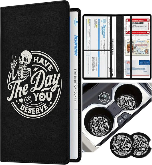 Slohif Car Registration and Insurance Card Holder - Skeleton Vehicle Glove Box Organizer Women with Magnetic Shut Leather Automobile License Holders Coasters Auto Accessories Case for Document