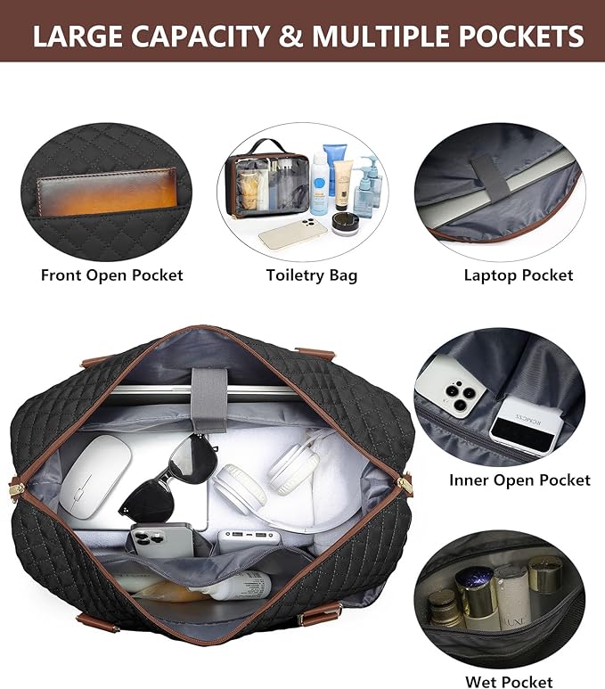 Travel Duffle for Women Weekender Bags - Large Duffel Overnight Bag with Shoe Compartment Carry on Tote Toiletry Weekend Yoga Gym Bags with Wet Pocket Hospital for Labor and Delivery Black Brown