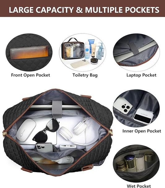 Travel Duffle for Women Weekender Bags - Large Duffel Overnight Bag with Shoe Compartment Carry on Tote Toiletry Weekend Yoga Gym Bags with Wet Pocket Hospital for Labor and Delivery Black Brown
