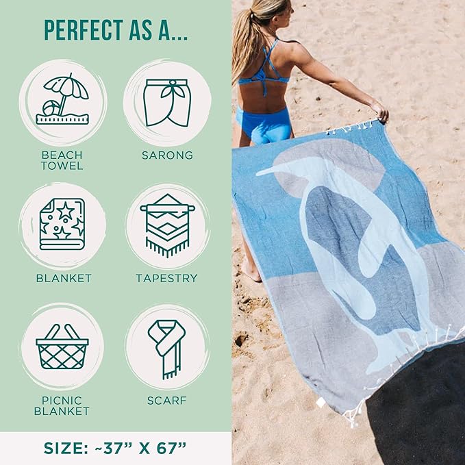 Sand Cloud Turkish Beach Towel - Sand Free - 100% Organic Turkish Cotton Yarn - Quick Dry Towel for Beach, Picnic, Blanket or Bath - As Seen on Shark Tank - Marine Life (Emperor Penguin)