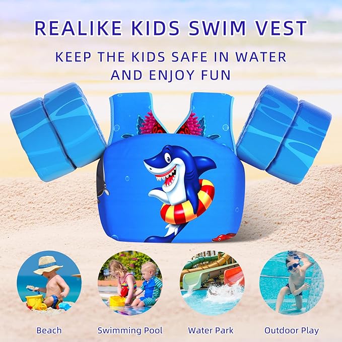 REALIKE Kids Swim Vest for Toddler Floaties Swimming Aids with Shoulder Harness Arm Wings for Children/Infant/Baby,Sea Beach/Pool/Lake, Suitable for 28-70lbs Boys/Girls
