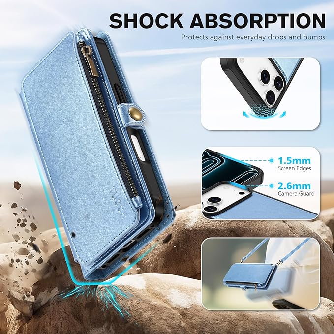 TUCCH Crossbody Detachable Wallet Case for iPhone 17 Pro Max, 10 Card Slots RFID Blocking | Wireless Charging | Wrist Strap Lanyard | Stand | Zipper Pocket | PU Leather Phone Cover | Pearly Light Blue