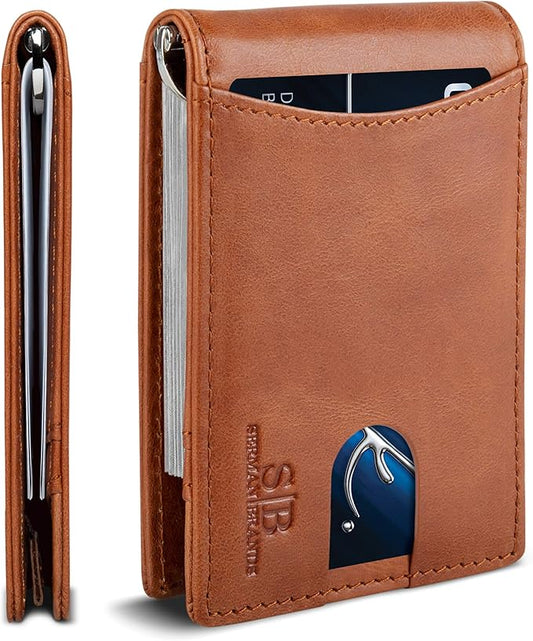 SERMAN BRANDS RFID Blocking Slim Bifold Genuine Leather Minimalist Front Pocket Wallets for Men with Money Clip Thin Gift