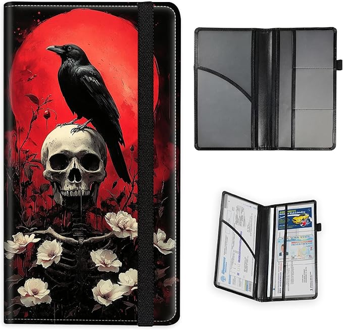 Car Registration and Insurance Holder PU Leather Vehicle Insurance and Registration Holders Wallet Case with Elastic Band Closure for ID Card, Driving Licence, Skull Crow Red Moon
