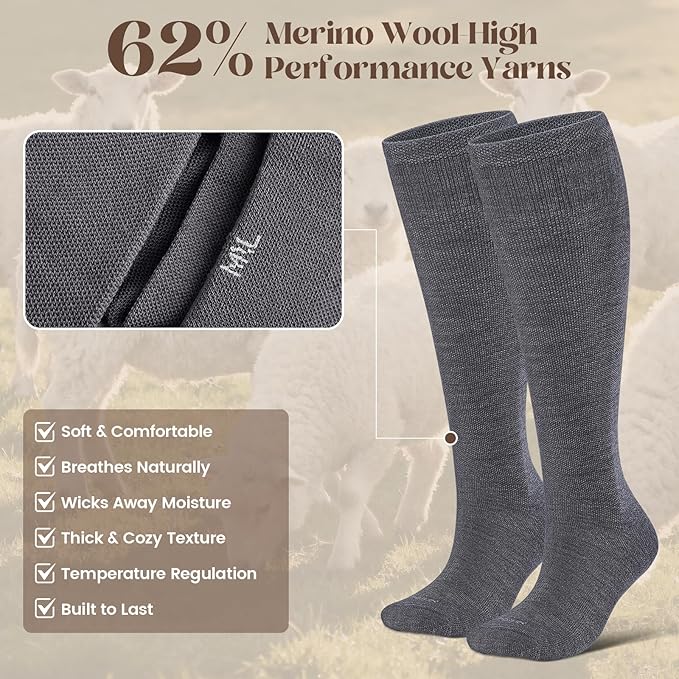 LEVSOX Thick Merino Wool Compression Socks for Women and Men 20-30mmHg Knee High Support Socks for Flying Nurses Pregnancy
