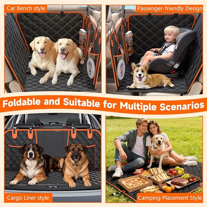 Dog Car Seat Cover for Back Seat, Hard Bottom Holds 500lbs, Waterproof Sturdy Anti Scratch Back Seat Pet Cover for Dogs with Mesh Window & Storage Bag & Dog Safety Belt, for Car SUV Small Truck