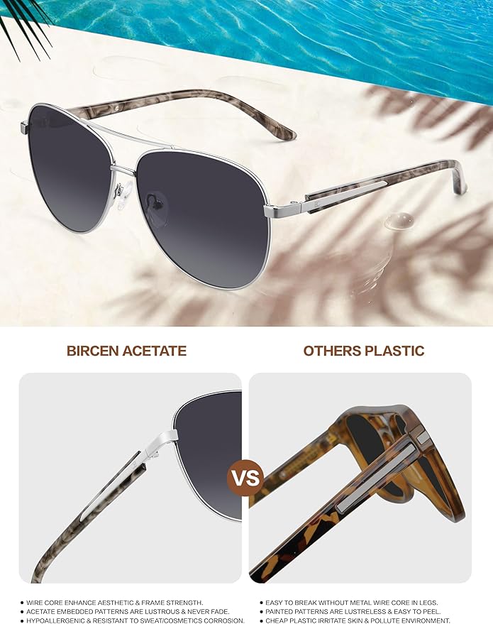 BIRCEN Polarized Aviator Sunglasses for Women : UV Protection Acetate Square Sunglass With Retro Classic Style