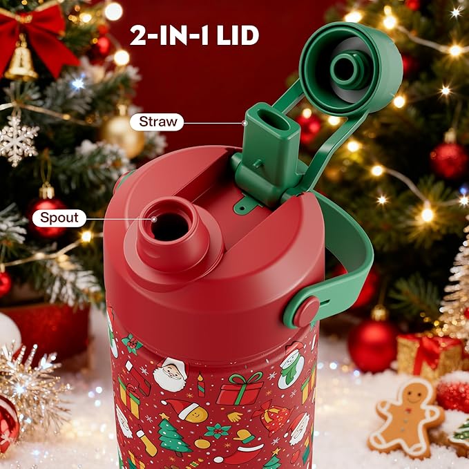 26 oz Christmas Insulated Water Bottle with 2-in-1 Straw and Spout Lid, Keep Cold 24H, Leak-Proof, Fits in Car Cup Holder, Stainless Steel Water Bottle for Gift, Party, Holiday (Santa's Jolly Crew)