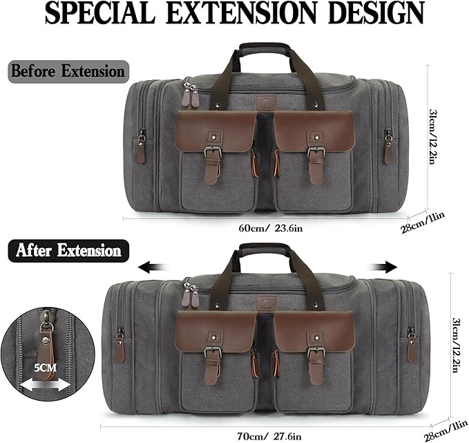 Canvas Duffle Bag for Men 60L Travel Duffel Bags Expandable Genuine Leather Duffel Overnight Weekender Carry On Bag Two Zipper Pockets Travel Bag (Grey, X Large-60L)