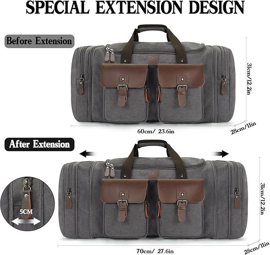Canvas Duffle Bag for Men 60L Travel Duffel Bags Expandable Genuine Leather Duffel Overnight Weekender Carry On Bag Two Zipper Pockets Travel Bag (Grey, X Large-60L)