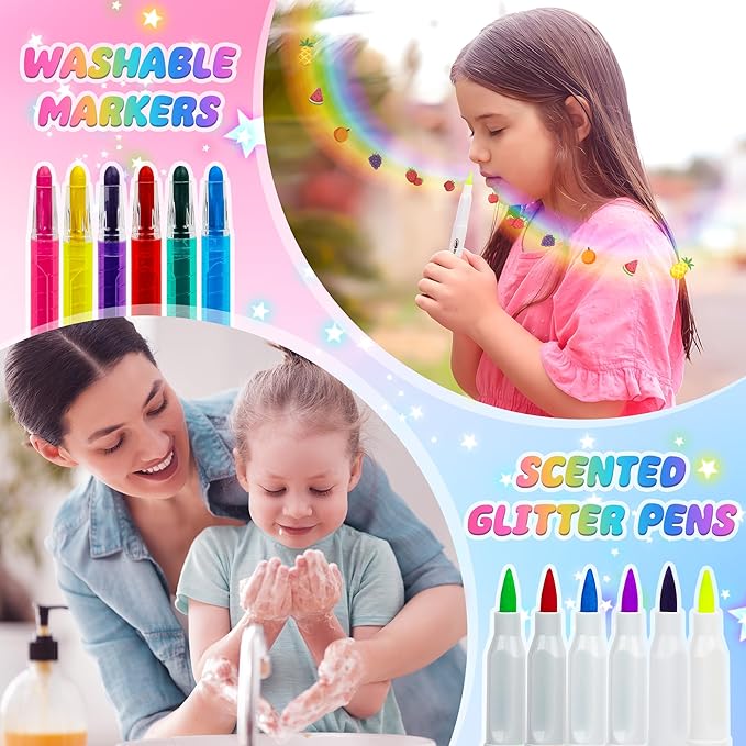 beefunni Unicorn Markers Set for Kids, Arts Supplies 67 pcs with Glitte Pencil Case and Strap, Birthday Gift for Girls 4 5 6 7 8 Years Old, Arts and Crafts Coloring Set for Kids 4-8