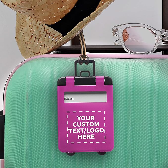 100 Mini Carry-on Luggage Tags Pack - Customizable Text, Logo - Flip Open Cover, ID Sticker - Purple