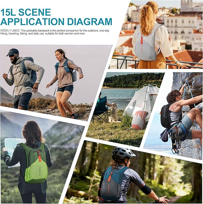 FIORETTO 15L Hiking Backpack for Women Men Mini Packable Backpack Lightweight Small Daypack for Camping Travel Outdoor, Turquoise
