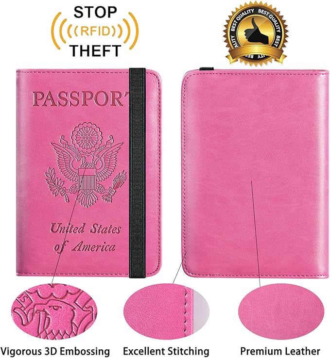 Passport Holder With Luggage Tag Travel Essentials Passport Cover Wallet RFID Blocking Leather Case International Must Haves Travel Accessories Women Men(115#Pink)