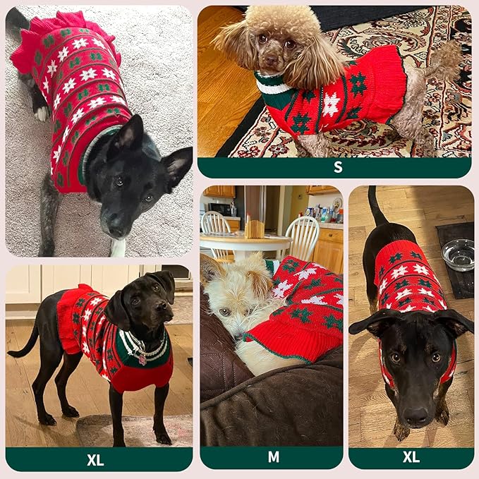 KYEESE Dog Christmas Sweater Knit Dog Sweater for Small Dogs with Snowflake Warm Dogs Clothes Pet Coats Turtleneck Pet Sweater Dress with Leash Hole, Girl Red, X-Large