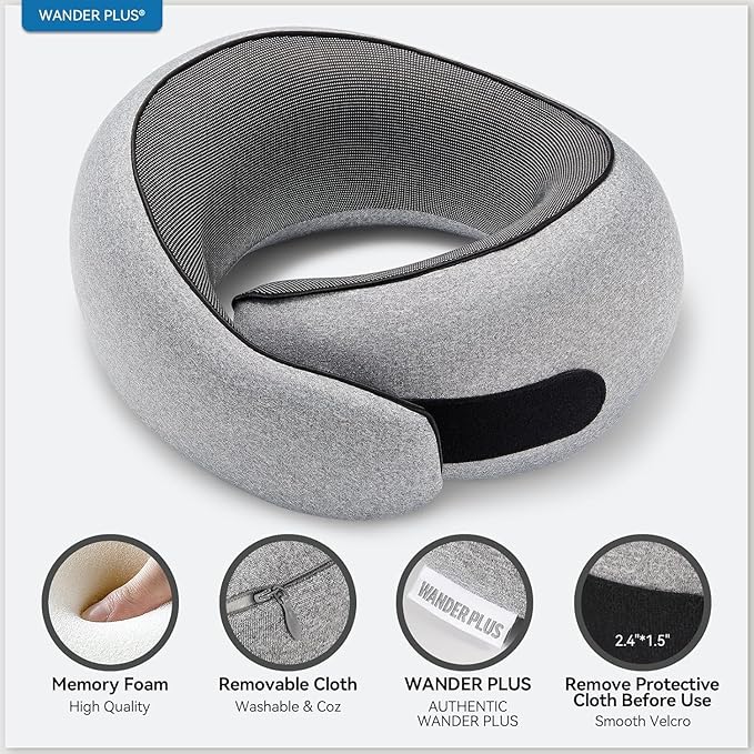 WANDER PLUS® Travel Neck Pillow, Memory Foam Neck Pillow for Airplanes, Comfortable Breathable Cover, 360 Degree Support Ergonomic Design Best for Sleeping Plane Train Travel Essentials Max Sky Blue