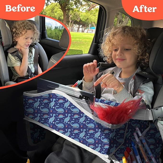 PILLANI Kids Travel Tray for Car - Car Seat Tray for Kids Travel, Road Trip Essentials Must Haves - Carseat Table Roadtrip Activities - Toddler Lap Desk Organizer for Airplane - Kids Travel Essentials