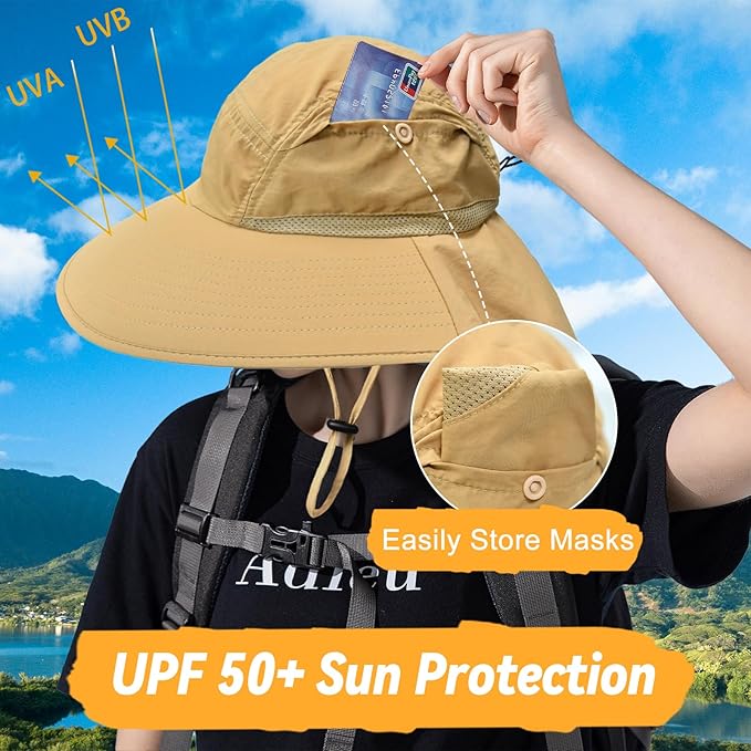 Sun Hats for Men Women Detachable Face Cover Wide Brim Fishing Hats with Neck Flap UPF 50+ Outdoor Safari Hats