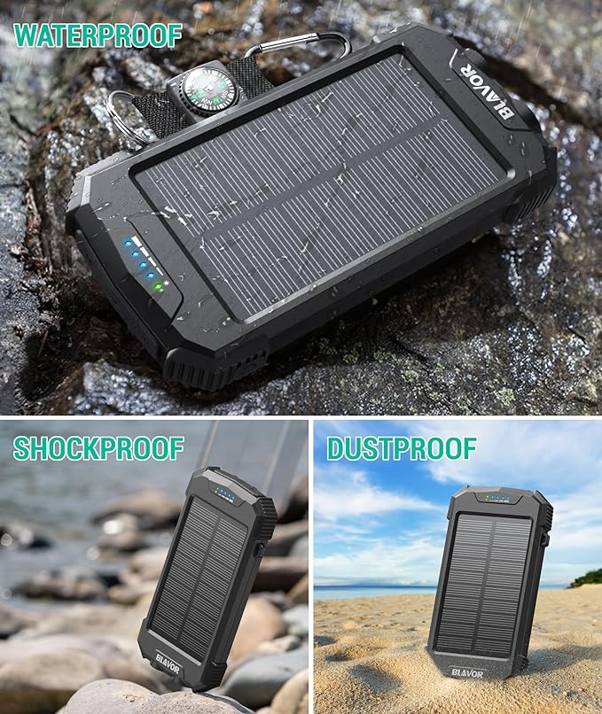 BLAVOR Solar Charger Power Bank 10,000mAh, Portable Wireless Charger, 20W Fast Charging External Battery Pack with USB C for Cell Phones, Solar Panel Charger with Dual Flashlight for Camping