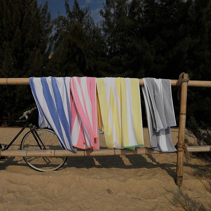 Cotton Oversized Beach Towel - Large 70 x 35 Inch Pool Towel, Green Striped Quick Dry Swimming Cabana Towel