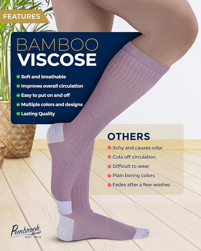 Pembrook Bamboo Viscose Light Compression Socks - 3 Pairs | 8-15 mmhg Compression Socks | Knee High Comfort Support Socks