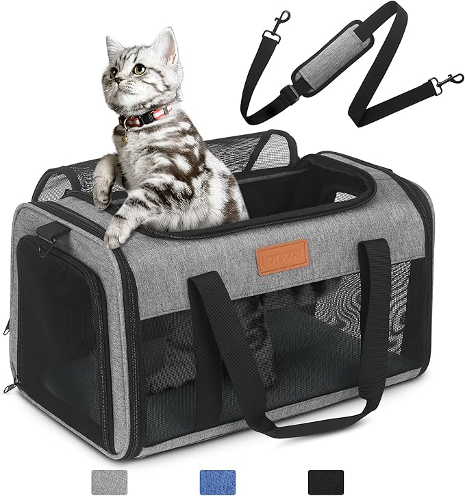 PETUX TSA Approved Pet Carrier in Cabin - 17"x11"x9.5", Underseat, Soft Sided Cat Carriers with Safety Zippers and Anti-Scratch Mesh for Small Cat up to 12 lb, Ideal for Travel and Vet Visit, Grey