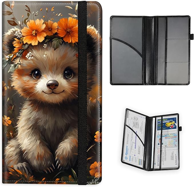Car Registration and Insurance Holder PU Leather Vehicle Insurance and Registration Holders Wallet Case with Elastic Band Closure for ID Card, Driving Licence, Cute Raccoon Flower