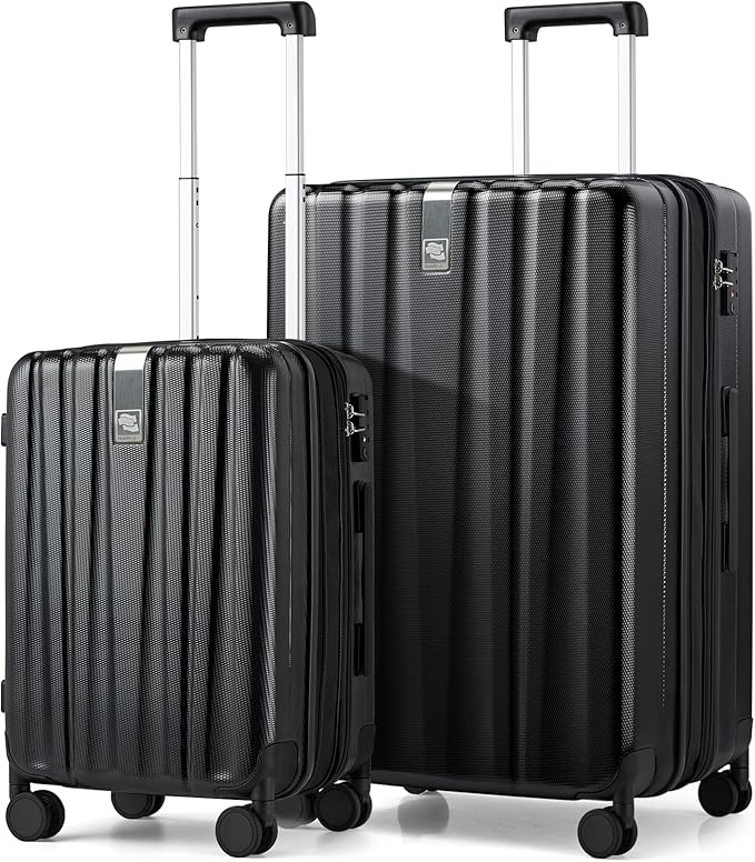 Hanke Expandable Hard Shell Luggage Sets 2 piece Carry on Luggage with Wheels Suitcases Lightweight Checked Travel Luggage Rolling Large Suitcase Travel Luggage Bag Woman Men 20/29 Inch(Jet Black)