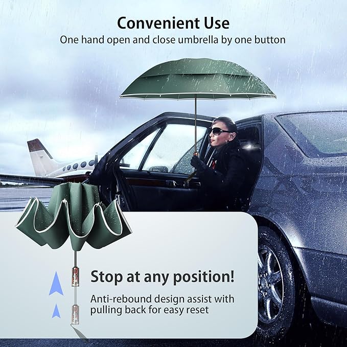 Urvoix Compact Golf Umbrellas Windproof, Travel Umbrella for Rain, 10 Ribs Aluminum Alloy & Fiberglass w/Reflective Stripe, Double Canopy Automatic Anti-bounce Close