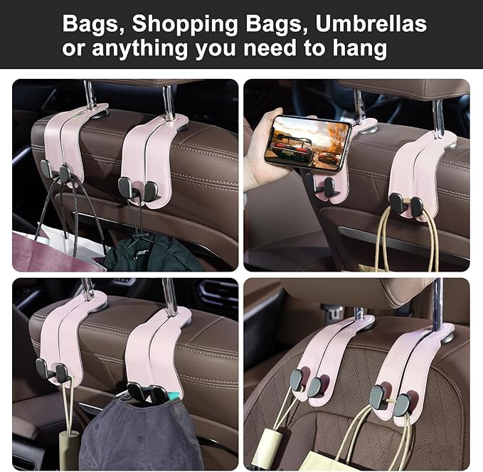 CoBak Purse Hook for Car - Universal Premium Stitched Leather and Aluminum-Magnesium Alloy Double Car Seat Back Storage Hook for Purses, Handbags, Bags (2 Pack),Pink