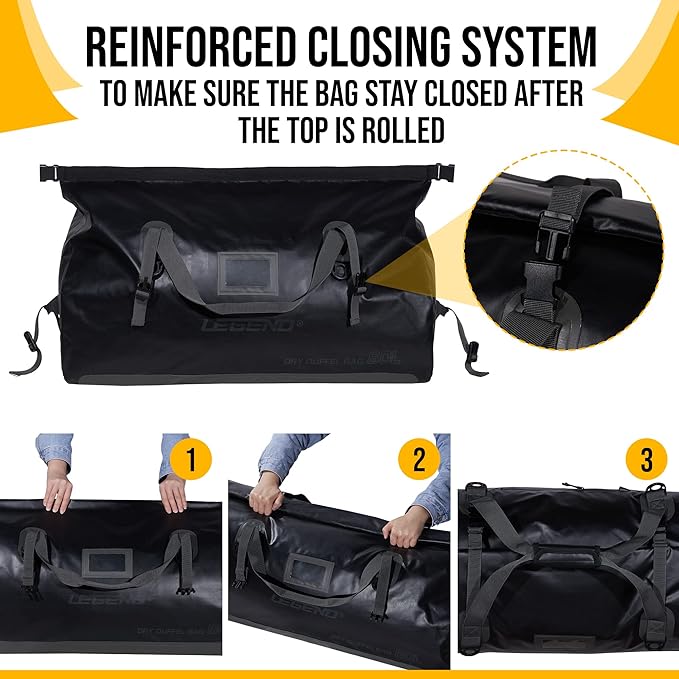 LEGEND Waterproof Duffel Bag - Heavy Duty Duffle Bag for Outdoor, Camping, Boating & Travel, Premium PVC Dry Duffel Bag, Motorcycle Dry Bag with Durable Strap & Handles with Large Storage - 60L Black