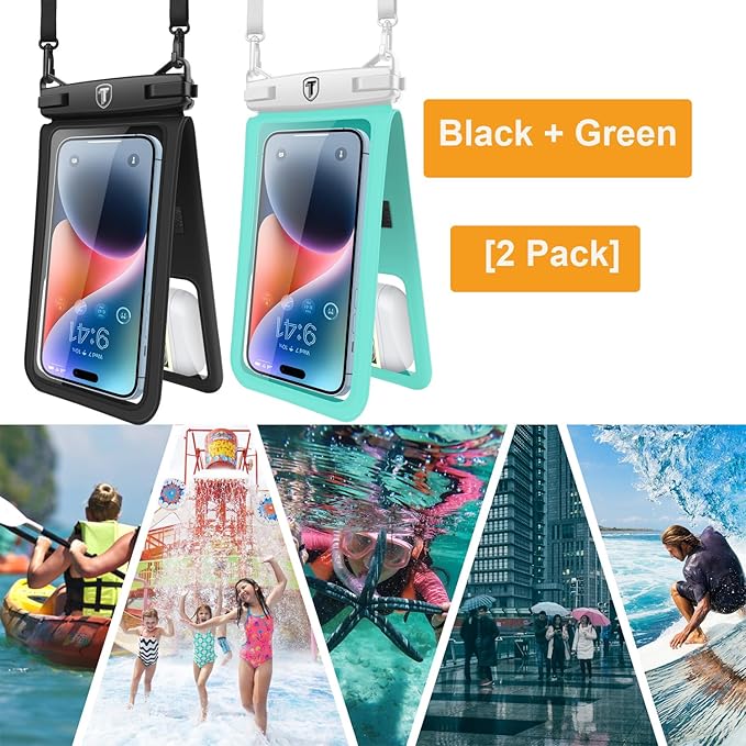 Takfox Double Space Waterproof Phone Pouch [2-Pack], Dual Large Cellphone Dry Bag Case for Samsung Galaxy S25 Ultra S24 S23 S22 A16 A15 A14 A36 iPhone 16 Pro Max Fit All Phones Up to 7"-Black/Green