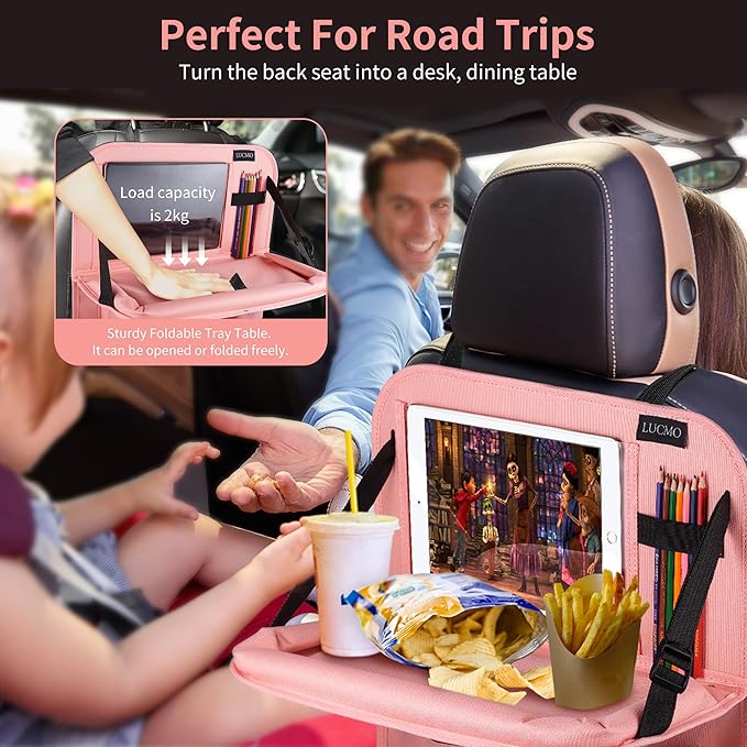 LUCMO Car Backseat Organizer with Tablet Holder-2 Pcs,6 Storage Pockets Car Storage Organizer with Foldable Food Tray,Protectors Kick Mats Travel Accessories-Pink