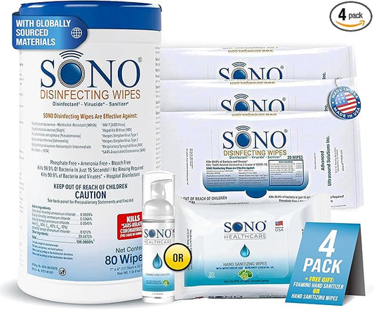 SONO Disinfecting Wipes - 80 Count (Canister of 1) and 60 Count (Pack of 3) + Sanitizer, Medical-Grade, Alcohol-Free, No Bleach, Gentle & Effective Multi-Surface Cleaning Solution