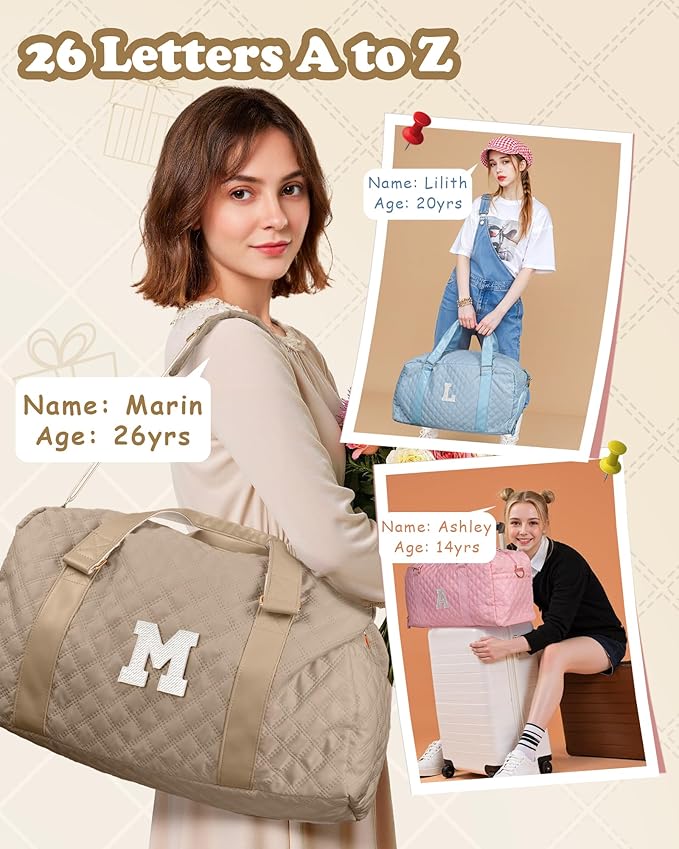 Elilier Initial Duffle Bag for Travel Women Girls Gift: Personalized Weekender bags, Dance Cheer bag Sports for Girl, Kid Gymnastics Bags, Birthday Gifts for Women Girls Kids Teens Mom Teacher