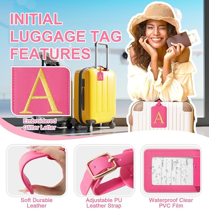 Personalized Initial Luggage Tags - Rose Red Leather Cute Luggage Tags with Privacy Cover Name Card, Embroidered Custom Monogram Travel Backpack Tag Gifts for Women Kids(A)