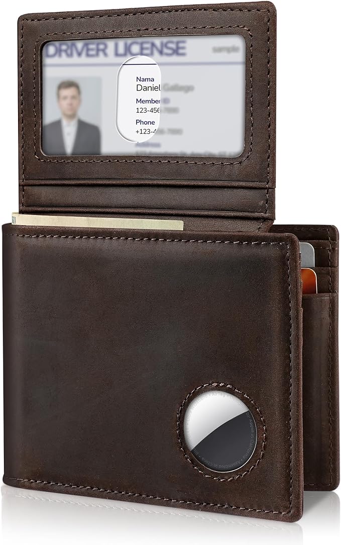 Mens Wallet With AirTag Holder, Bifold Leather RFID Blocking 1-2 ID Windows 12-13 Card Holders, Gift Box and Screen Protector Included, AirTag Not Included