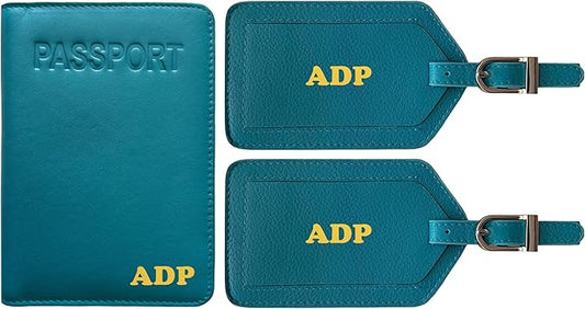 Personalized Monogrammed Teal Leather RFID Passport Cover Holder and 2 Luggage Tags