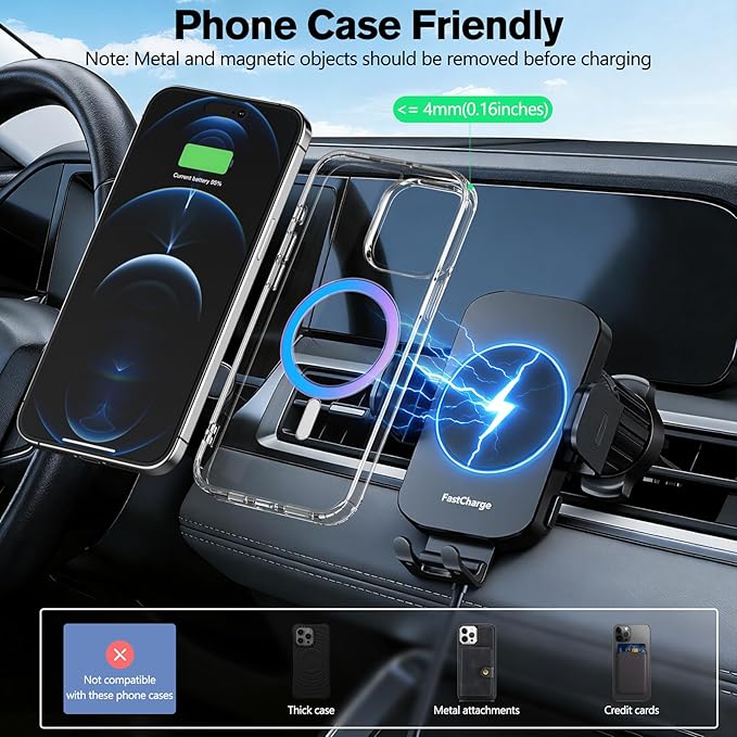 Car Phone Holder, MOYAC Wireless Auto-Clamping Car Mount with Metal Hook Clip, 360° Rotation, One Button Quick Release, Air Vent Cell Phone Car Mount for iPhone/Galaxy/Google/LG and All Smartphone,15W