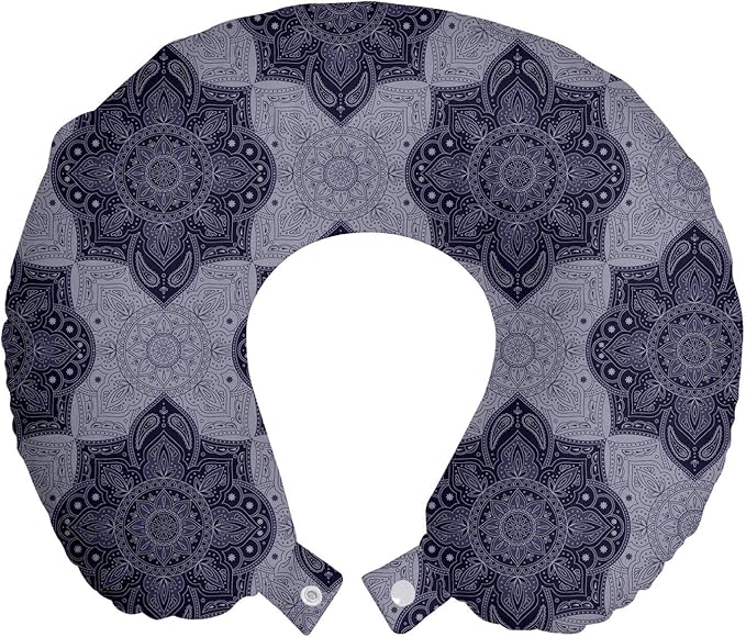 Ambesonne Bohemian Vintage Travel Pillow Neck Rest, Floral Oriental Ornamental Design Mandala Flower Monochrome, Memory Foam Traveling Accessory for Airplane and Car, 12", Indigo Quartz Ceil Blue