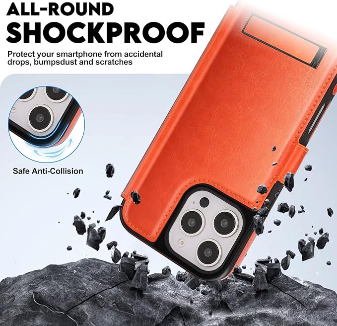 CIVICASE for iPhone 16 Pro Max Wallet Case with Stand,PU Leather Flip Credit Card Holder Slots (RFID Blocking),Compatible with Magsafe Magnetic Holder Phone Cover Women Men,Orange