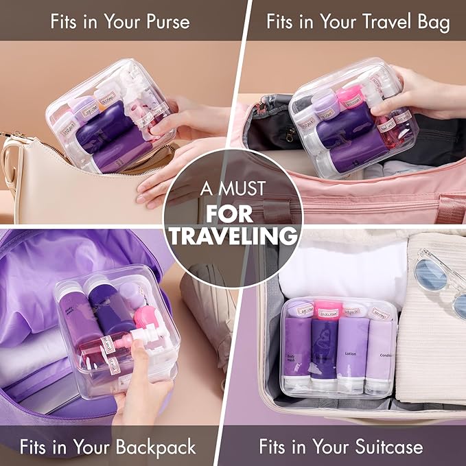 Muslish 21 Pack Travel Bottles for Toiletries, Leak-Proof TSA Compliant Silicone Travel Size Containers for Shampoo and Conditioner, BPA Free with Toiletry Bag (Purple)
